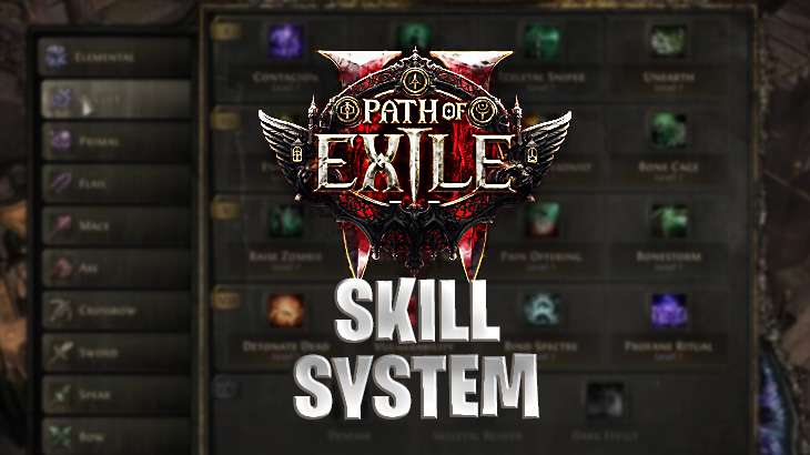 Schriftzug "Skill System" mit Path of Exile 2 Logo